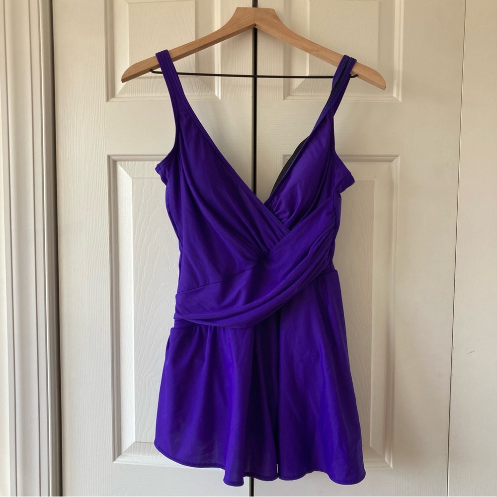 Miraclesuit Aurora purple skirted one piece swim dress 14